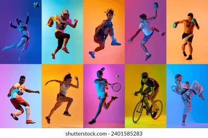 Collage with different young people, men and women, athletes of different sports in motion over multicolored background in neon light. Concept of professional sport, competition, championship, action