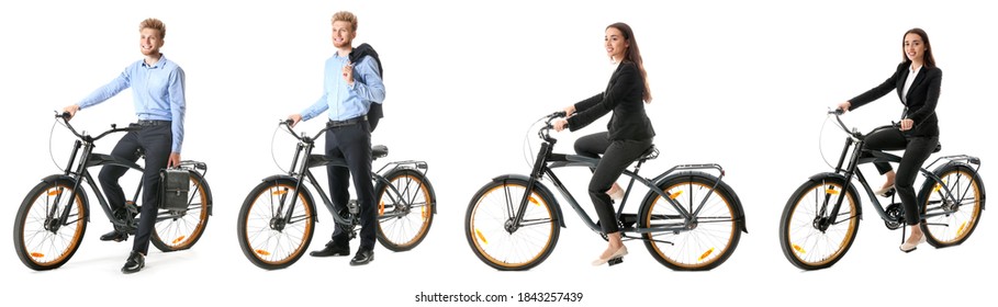 Collage with different young people riding bicycle against white background