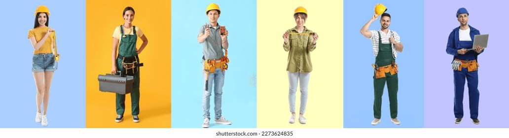 Collage of different young workers on color background - Shutterstock ID 2273624835