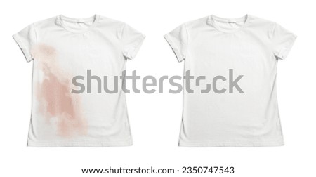 Collage with dirty and clean t-shirt isolated on white. Before and after washing