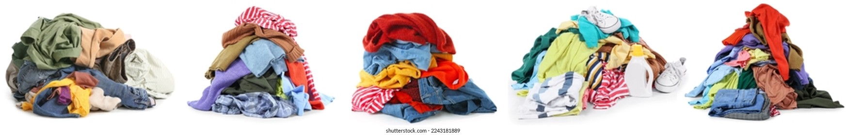 Collage of dirty clothes on white background