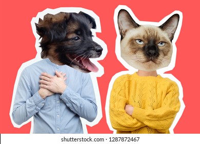 Collage Of Disappointed Young Couple With Dog And Cat Head. Being Offend On Each Other.