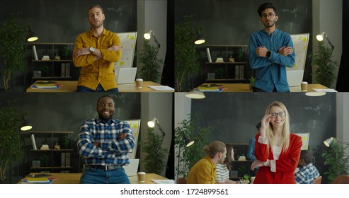 Collage Of Diverse Employees At Workplace Sitting On Table. Different Male And Female Office Workers Smiling To Camera Indoors. Portrait Of Happy Multiracial Men And Women At Workplaces. Team Meeting