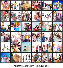 Collage Diverse Faces Summer Beach People Concept