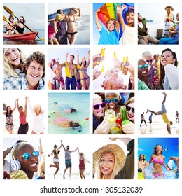 Collage Diverse Faces Summer Beach People Concept