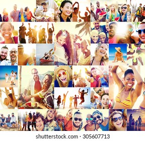 Collage Diverse Faces Summer Beach People Concept