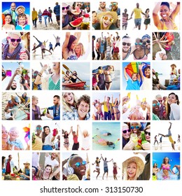 Collage Diverse Faces Summer Beach People Concept