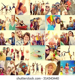 Collage Diverse Faces Summer Beach People Concept