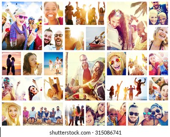 Collage Diverse Faces Summer Beach People Concept