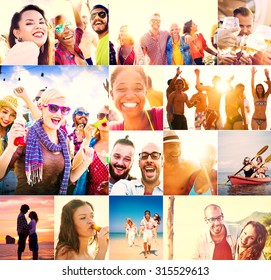 Collage Diverse Faces Summer Beach People Concept