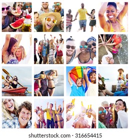 Collage Diverse Faces Summer Beach People Concept