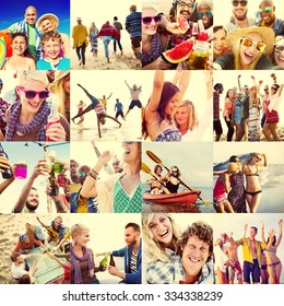 Collage Diverse Faces Summer Beach People Concept