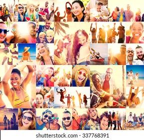 Collage Diverse Faces Summer Beach People Concept