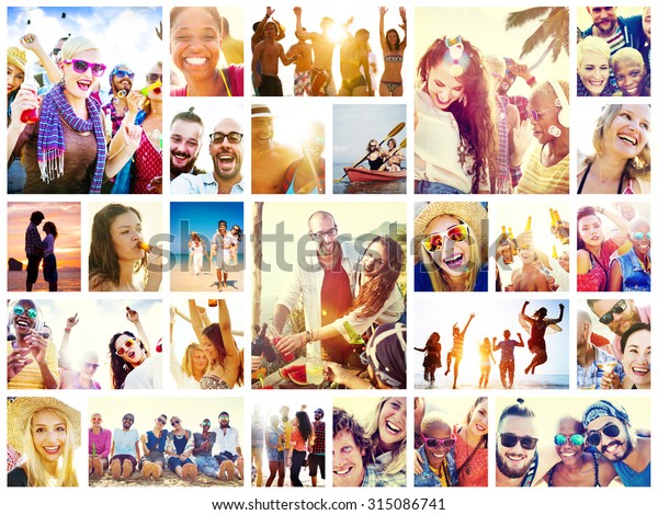 Collage Diverse Faces Summer Beach People Stock Photo (Edit Now) 315086741