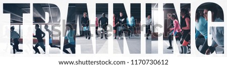 Collage of a diverse group of fit young people in sportswear running around a gym together with an overlay of the word training