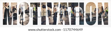 Collage of a diverse group of fit young people doing weightlifting exercises together during a gym workout with an overlay of the word motivation