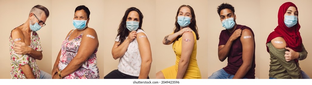 Collage of diverse group of people wearing protective face masks looking at camera showing their arms with plasters on after getting the covid-19 vaccine. Men and women receiving coronavirus vaccine. - Shutterstock ID 2049423596