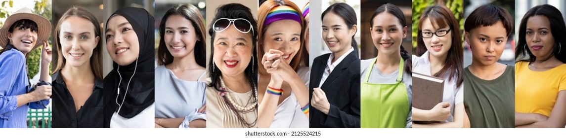 Collage of diverse and inclusive women from around the world, concept of international women’s day, world women with diversity and inclusivity, ethnicity and religion tolerance, breaking the bias