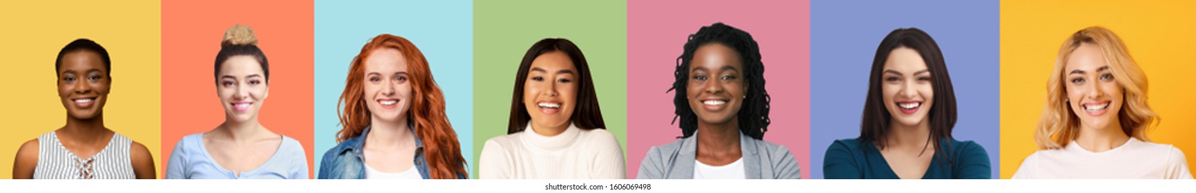 Collage Of Diverse International Young Women Showing Different Emotions Over Colorful Background, Panorama, Beauty Has No Race
