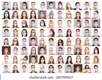 Collage Of Diverse Multi Ethnic Young Youth People Wearing Safety Mask Stay Home Influenza Preventive Measures Small Pics