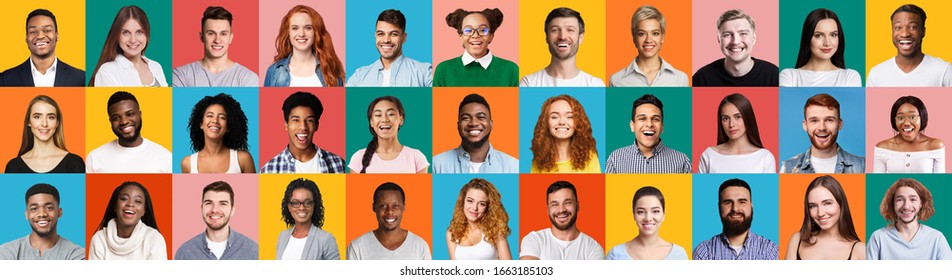 Collage Of Diverse People Portraits With Smiling Millennials, Female And Male Faces On Colorful Backgrounds. Panorama