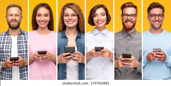 Collage of diverse positive young customers in casual outfits smiling and looking at camera while browsing mobile phones on yellow background - Shutterstock ID 1797433981