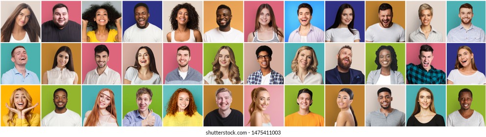 Collage of diversed people expressing positive emotions on colorful backgrounds, panorama