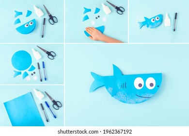 Collage DIY And Kids Creativity. Step By Step Instruction: Making Applique Shark From Paper. Children Craft Workshop.