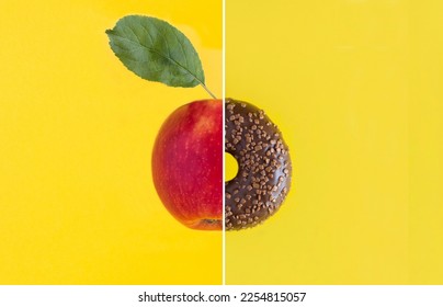 Collage of donut with chocolate glaze and red apple on the yellow background. Copy space. - Shutterstock ID 2254815057