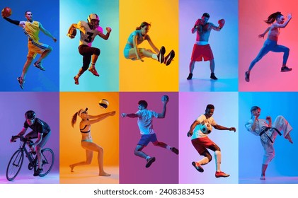 Collage. Dynamic image of different people, athletes of diverse kind of sports in motion, practicing over multicolored background in neon light. Concept of sport, competition, championship, action - Powered by Shutterstock