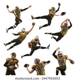 Collage. Dynamic image of young man, American football player in motion with ball isolated on white background. Concept of sport, competition, tournament, action, dynamics. Set - Powered by Shutterstock