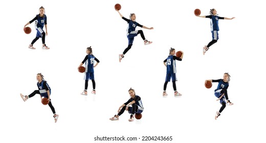 Collage. Dynamic Images Of Teen Girl, Basketball Player In Uniform Training, Playing Isolated On Black Studio Background.. Concept Of Professional Sport, Childhood, Motion, Team Game