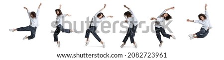 Collage, Dynamic portrait of beautiful young woman in casual wear moves isolated on white background. Flexible female contemporary dancer weightless moves. Art, motion, action, inspiration concept