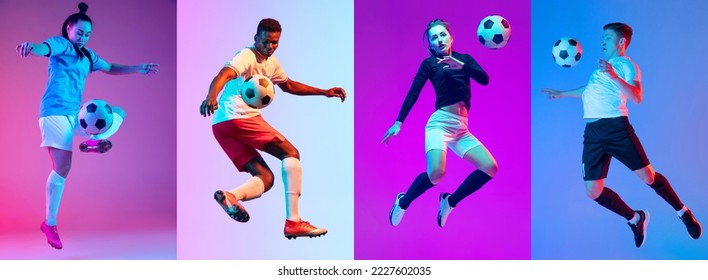 Collage with dynamic portraits of male and female professional soccer players in motion over colorful background in neon light. Sport, championship, football team game. Flyer, banner for ad - Powered by Shutterstock