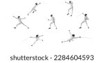 Collage. Dynamic studio shots of male professional fencer in white uniform training, fencing with sword isolated over white background. Concept of sport, action, motion, hobby, lifestyle, competition