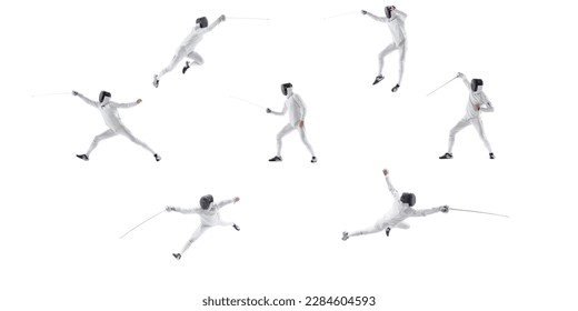 Collage. Dynamic studio shots of male professional fencer in white uniform training, fencing with sword isolated over white background. Concept of sport, action, motion, hobby, lifestyle, competition - Powered by Shutterstock