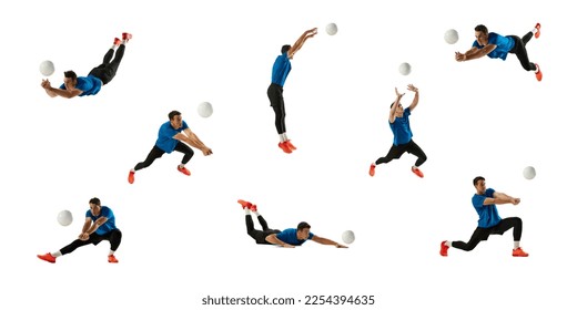 Collage. Dynamic studio shots of man, professional volleyball player in blue uniform training playing isolated over white background. Concept of sport, competition, achievements, hobby, action