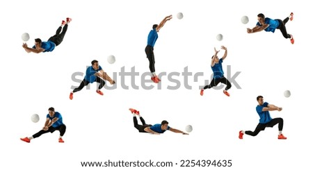 Collage. Dynamic studio shots of man, professional volleyball player in blue uniform training playing isolated over white background. Concept of sport, competition, achievements, hobby, action
