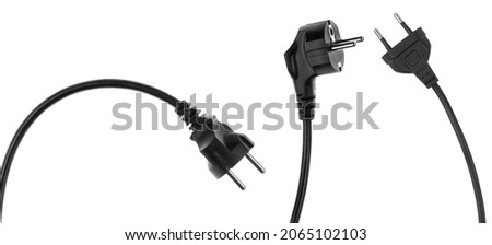 Collage electric European plug isolated on white background. Black power cable with plug. Power cord close-up