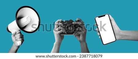 Collage element with hands and cut out figures with camera, megaphone and phone. Retro halftone effect. Advertising set.