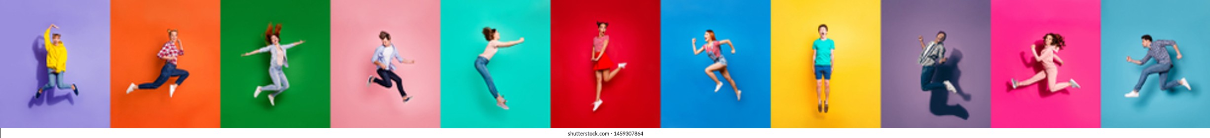 Collage of eleven glad carefree attractive shiny modern delightful people millennials person youngsters having diferent age good mood flying air isolated over colorful background travel summer concept - Shutterstock ID 1459307864