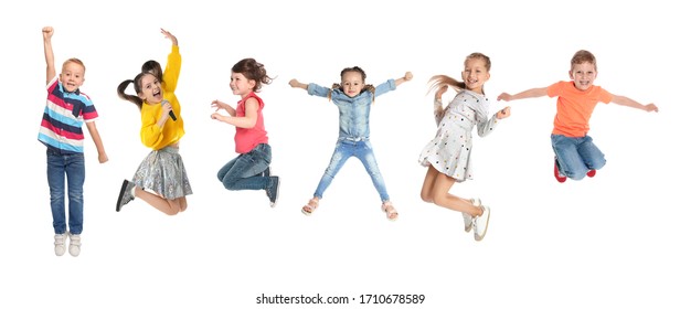 Collage Of Emotional Children Jumping On White Background. Banner Design