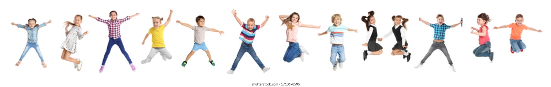 Collage of emotional children jumping on white background. Banner design - Shutterstock ID 1710678595