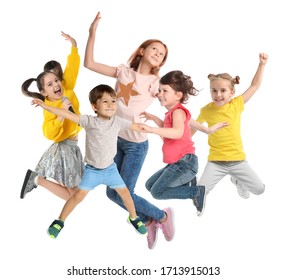 Collage Of Emotional Children Jumping On White Background