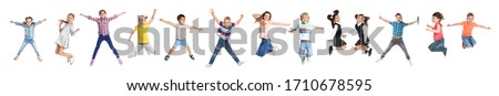 Collage of emotional children jumping on white background. Banner design