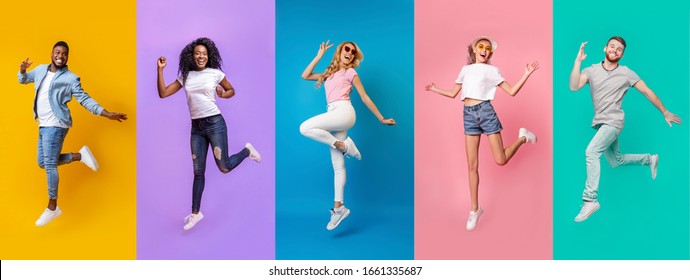 Collage Of Emotional People Of Different Races Jumping On Color Background, Panorama