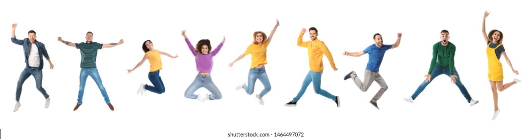Collage Of Emotional People Jumping On White Background. Banner Design 