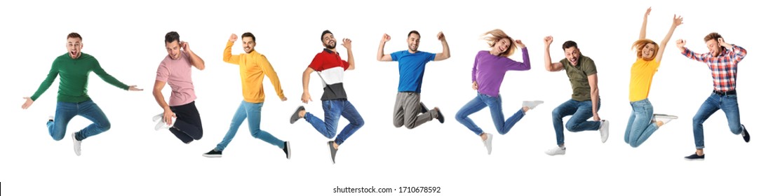 Collage Of Emotional People Jumping On White Background. Banner Design