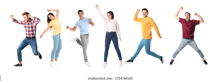 Collage Of Emotional People Jumping On White Background. Banner Design