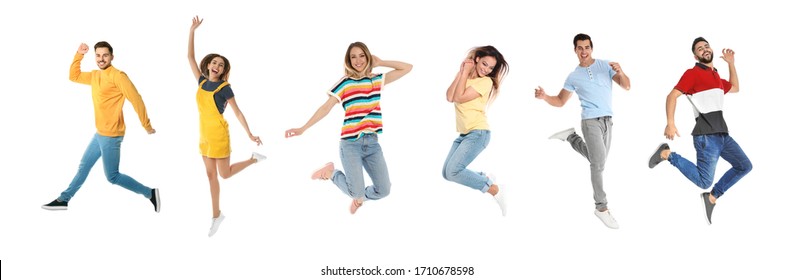 Collage Of Emotional People Wearing Fashion Clothes Jumping On White Background. Banner Design